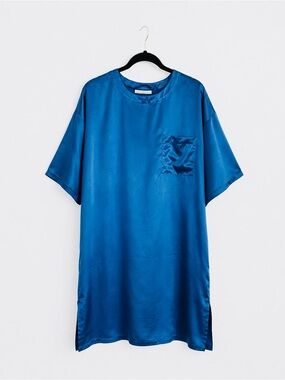 Blue Satin Short-Sleeve Pocket Shirt
